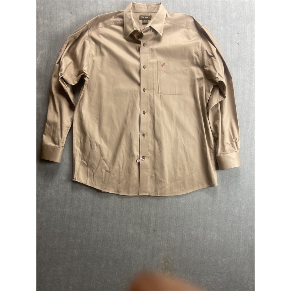 Ariat Button Down Shirt Mens XL  Tall Beige Tan Solid Twill Classic Fit Workwear